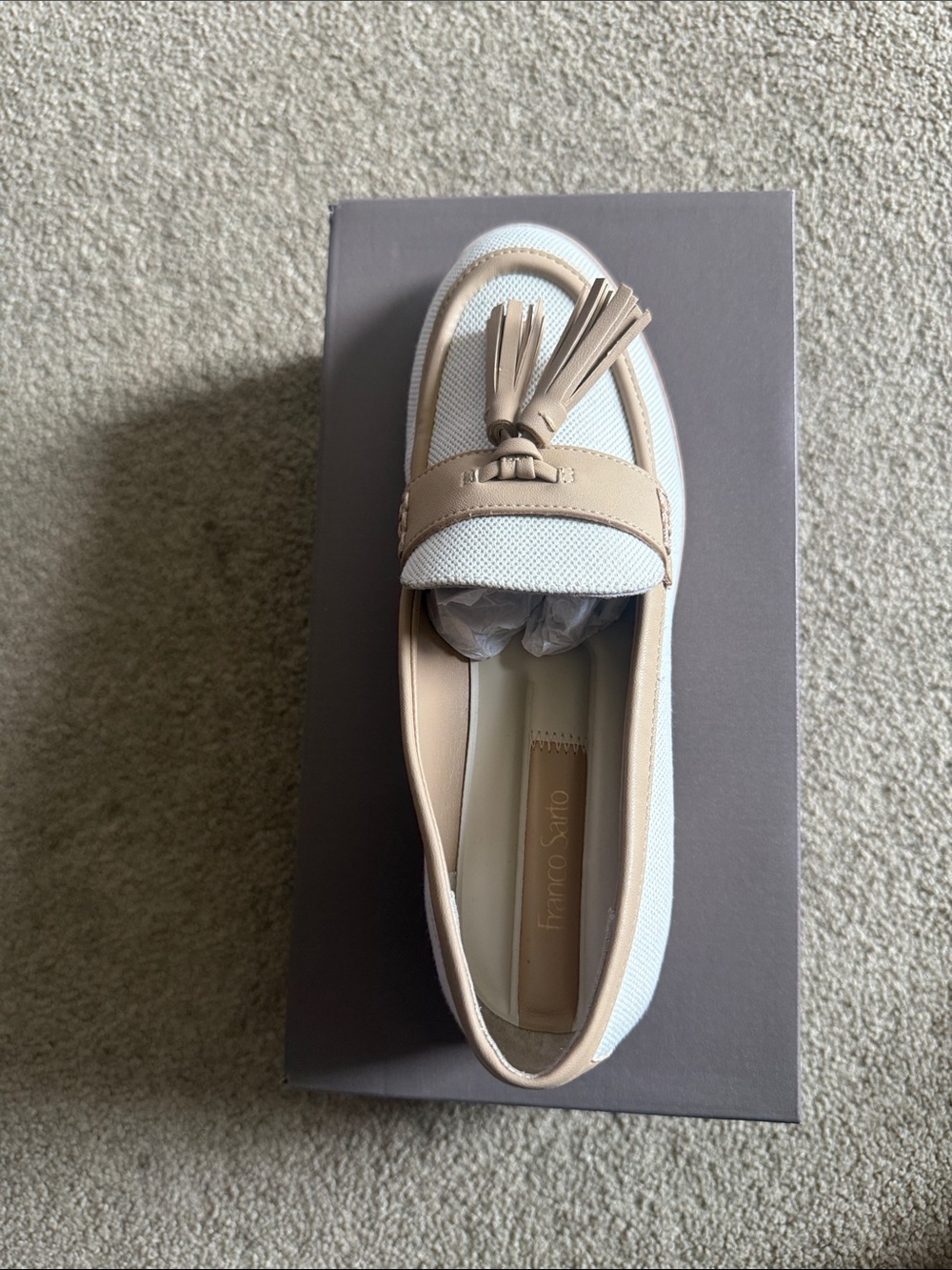 Franco Sarto White and Beige Tassel Loafers
